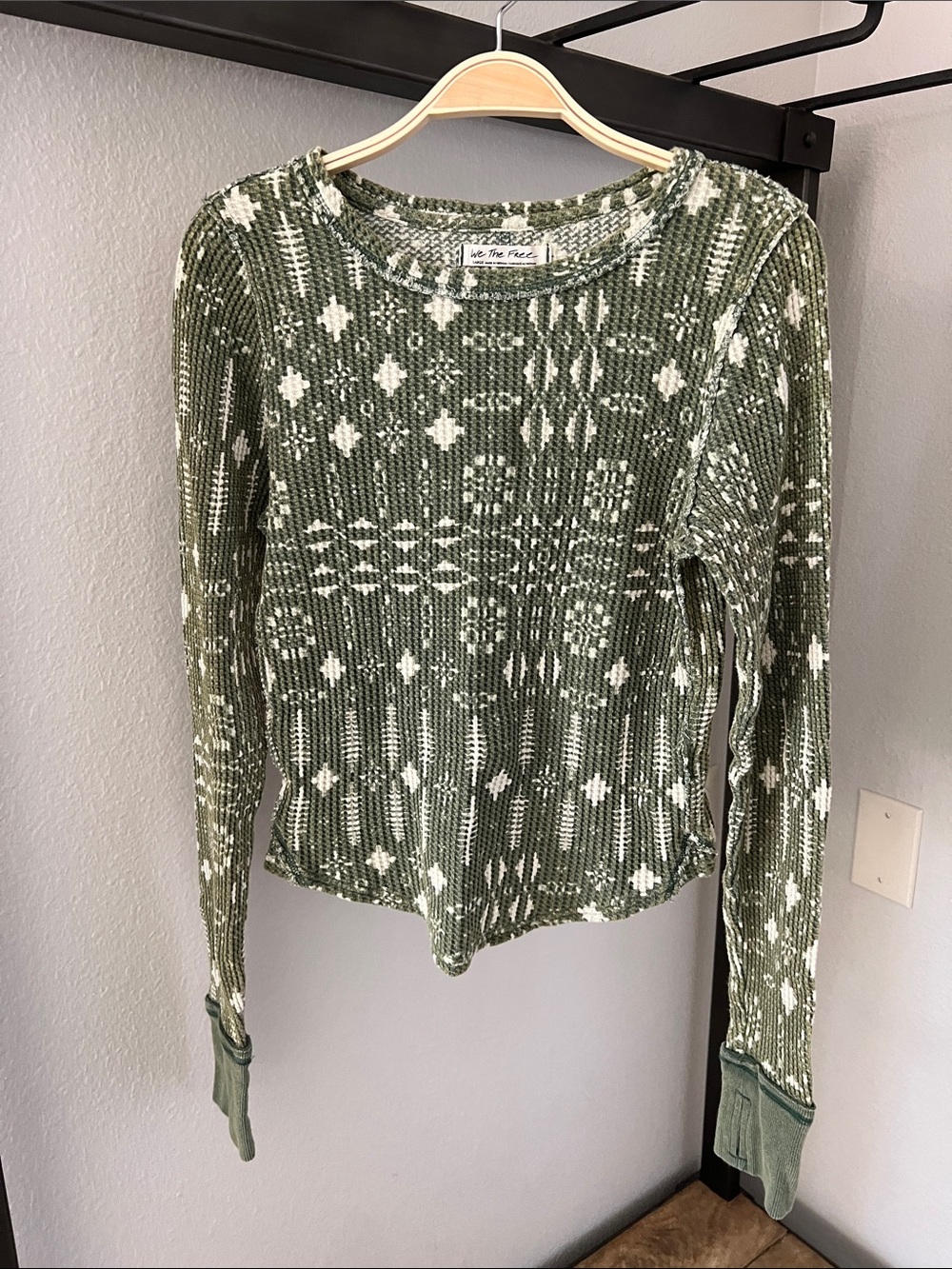 Free People We The Free Olive & White Geometric Long Sleeve Tee